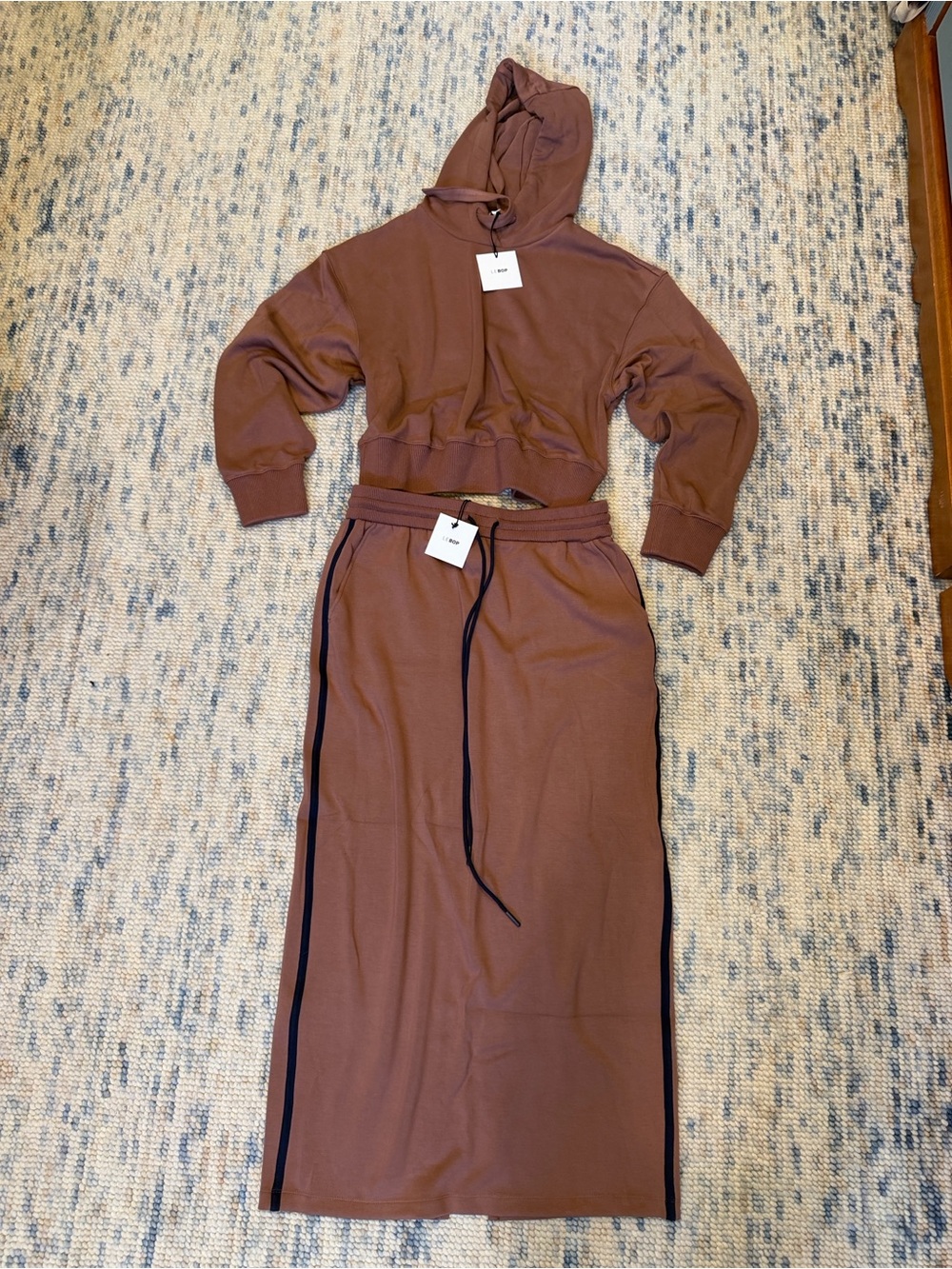 Women's Sweatset - Maxi Skirt with Drawstring Waist and Hooded Sweatshirt